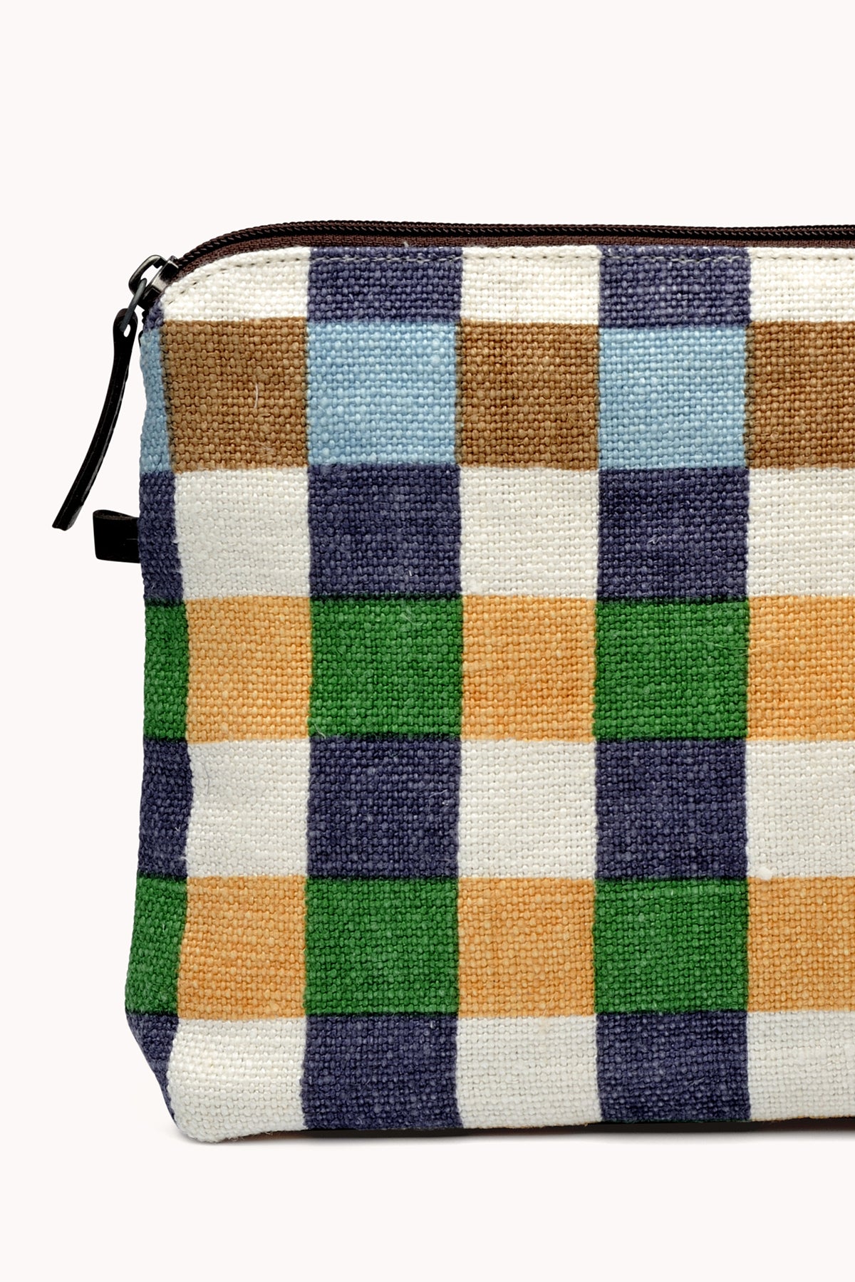 The LARGE GINGHAM LINEN POUCH BY EPICE from Epice is a zippered natural linen pouch featuring a bold checkered pattern in blue, brown, green, and yellow on a cream background.-24508047491265