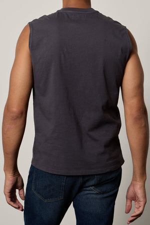 The back view of a man wearing a Velvet by Graham & Spencer LAYNE CREW NECK MUSCLE TEE