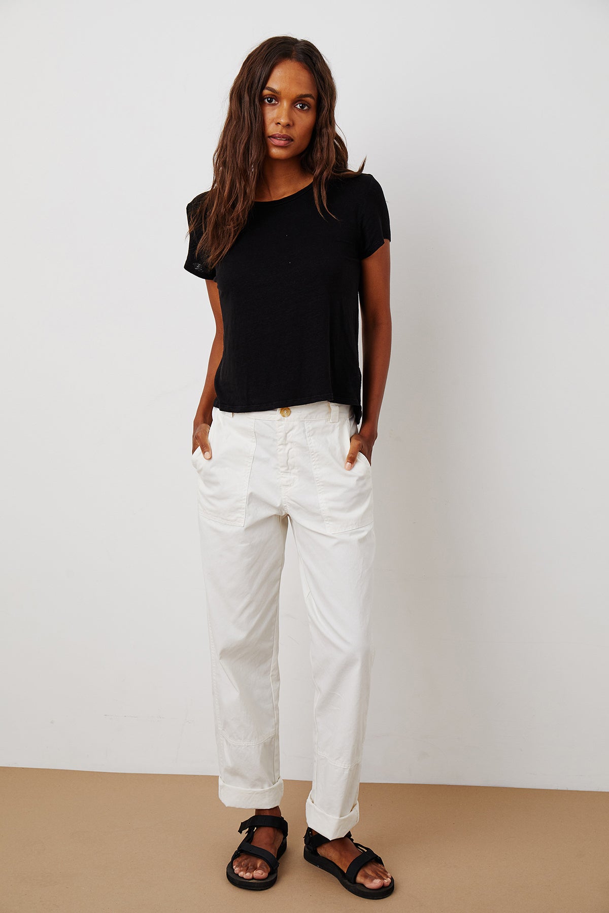 Casey Tee Black Chandra Pant Ecru Front