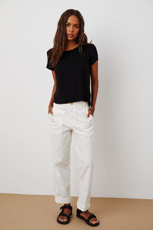 Casey Tee Black Chandra Pant Ecru Front