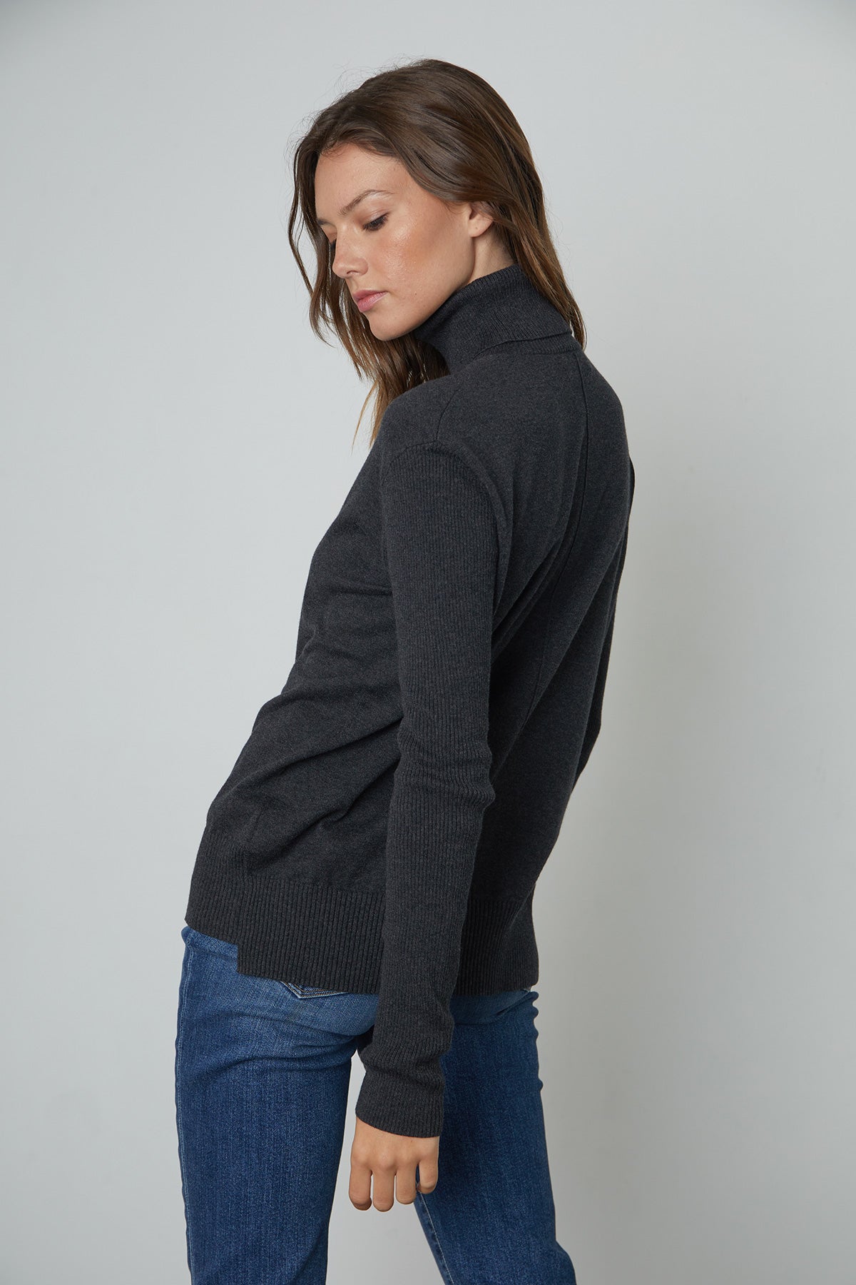 Lux Cotton Cashmere Renny Turtleneck Sweater in dark grey cinder back and side