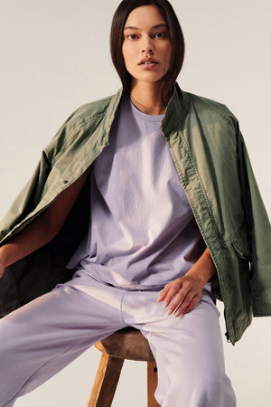 Melrose Jacket Army paired with Topanga Tee Lilac and Montecito Sweatpant Lilcac Front
