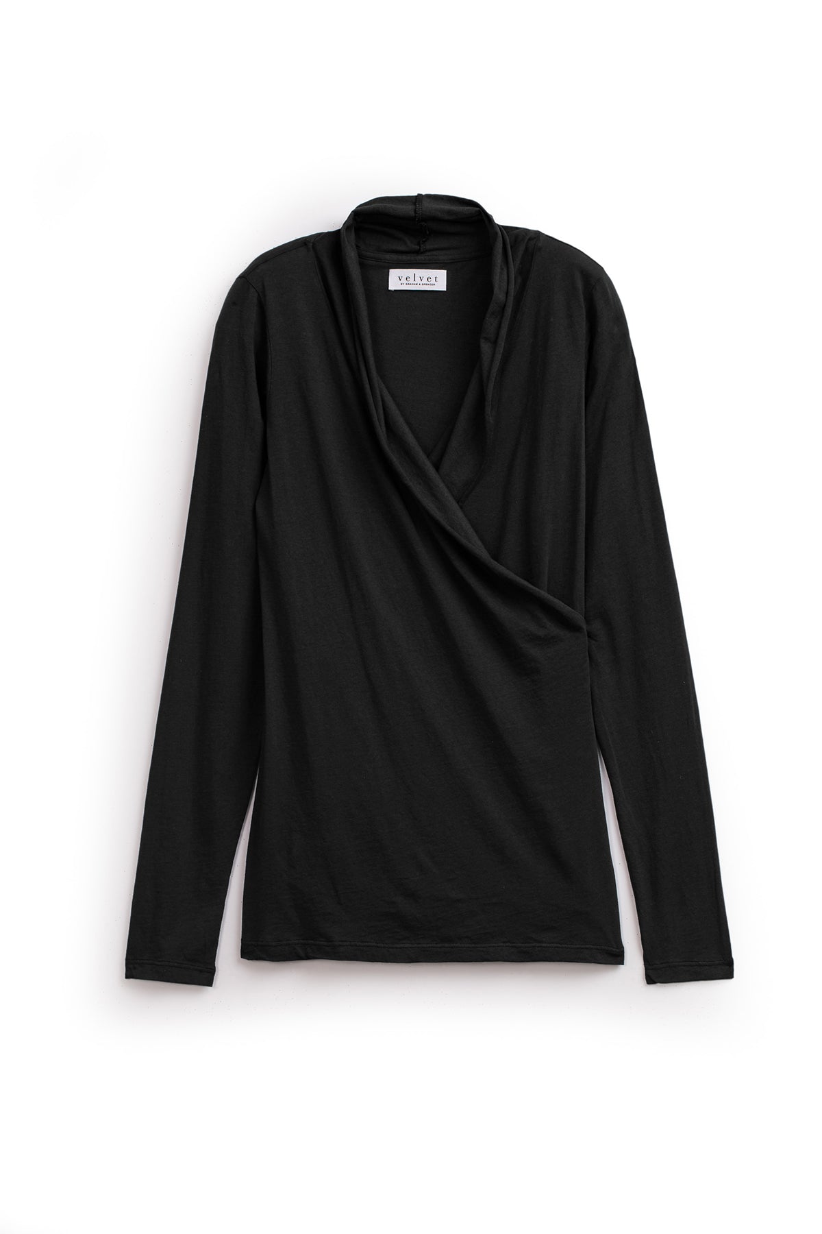 Black long-sleeve MERI TEE by Velvet by Graham & Spencer with a flattering V-neckline and wrap-style design, displayed against a white background.