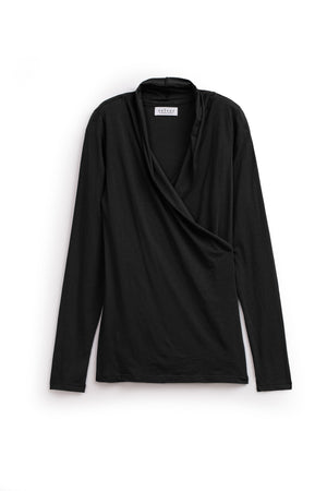 Black long-sleeve MERI TEE by Velvet by Graham & Spencer with a flattering V-neckline and wrap-style design, displayed against a white background.