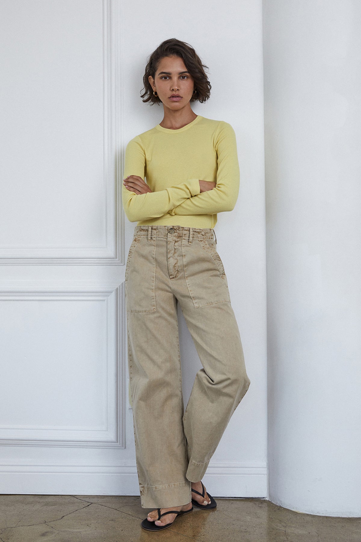 Ventura Pant in putty with Camino tee in lemon tucked full length front-26007117299905