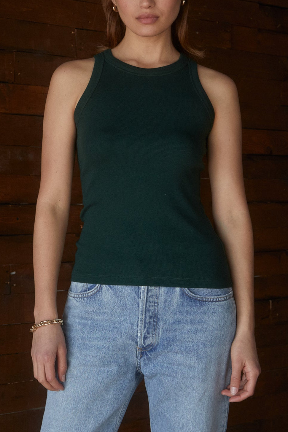 Velvet by Jenny Graham Cruz Modal Rib Tank Top in forest green with blue denim front