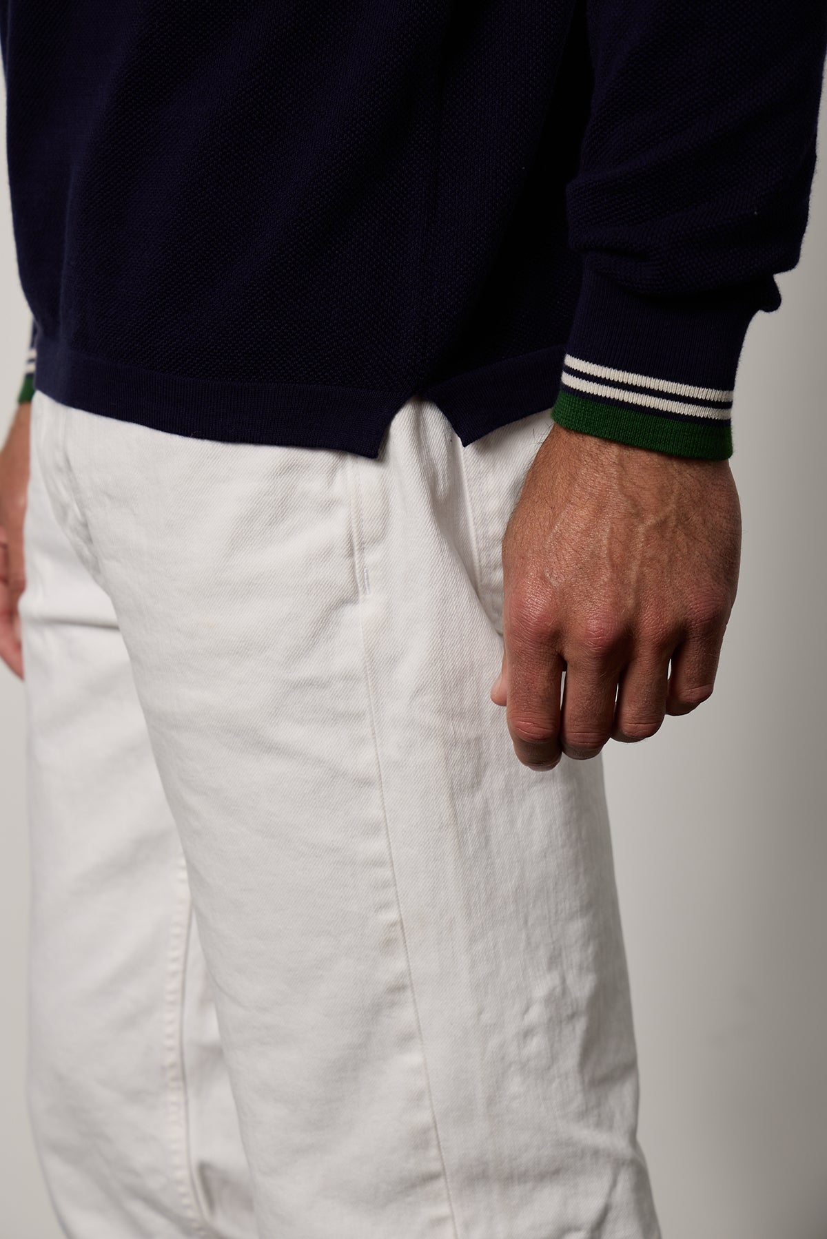 Danny Pique Polo in navy detail of stripes on sleeve