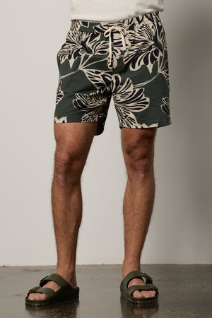 Colt Short front in catalina print with bold, black and cream pattern on dark green background
