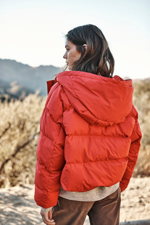 A person is standing outdoors wearing a RAYLIN CROPPED PUFFER JACKET by Velvet by Graham & Spencer. They have long dark hair and are facing away from the camera. The background shows a cozy natural landscape.
