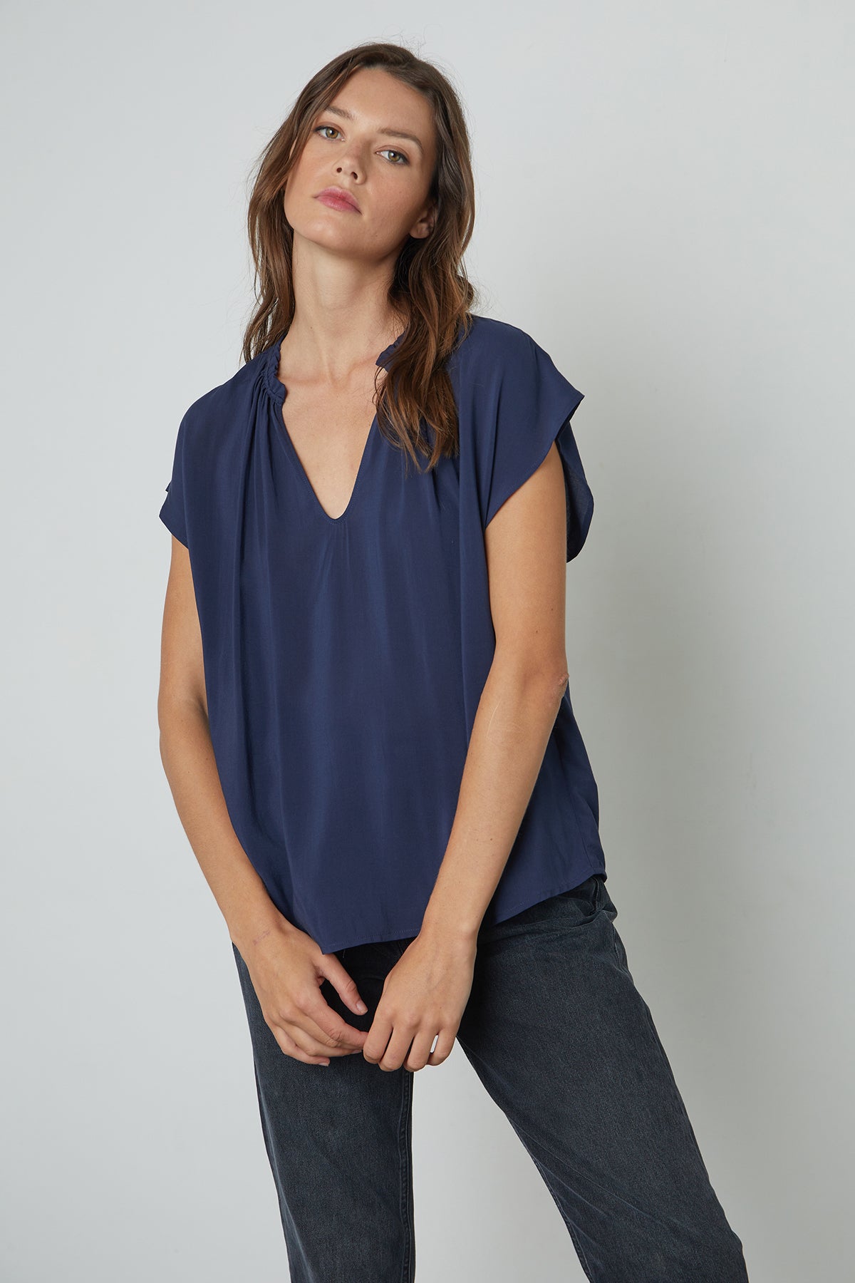 Sarena Cap Sleeve Blouse in postman front view