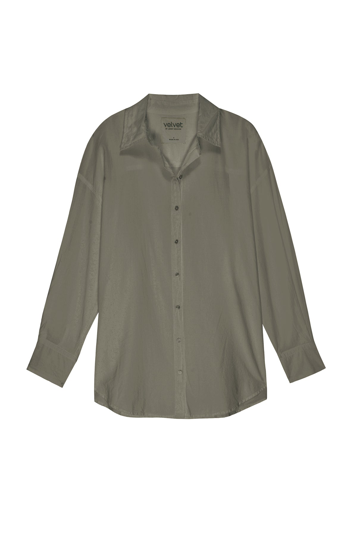 The REDONDO BUTTON-UP SHIRT by Velvet by Jenny Graham is a long-sleeve, oversized shirt in olive green, featuring a button-up front, drop shoulder seams, collar, and cuffs. Crafted from soft cotton shirting for ultimate comfort.-25870844264641
