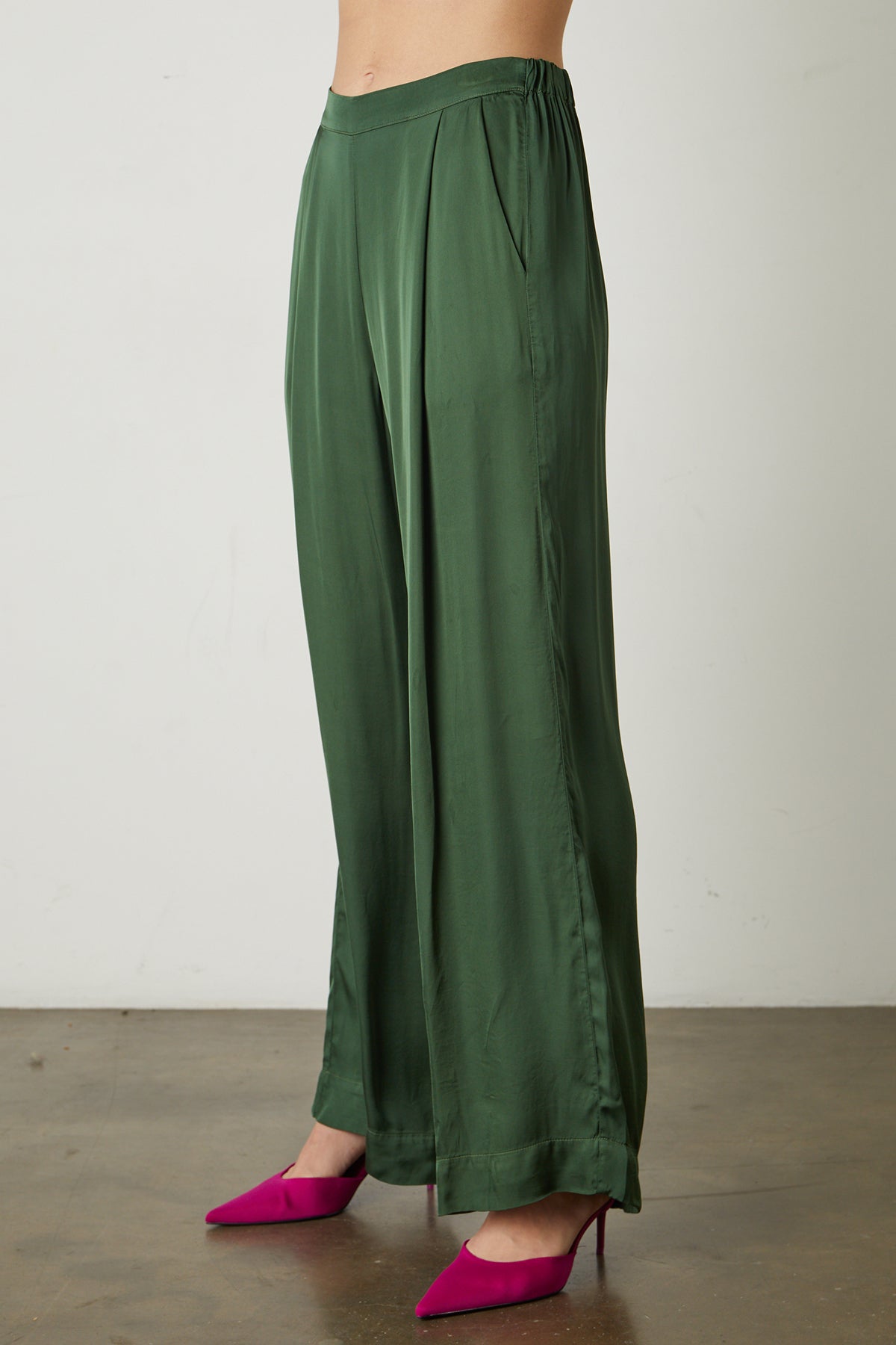 Livi Satin Wide Leg Pant in fern green front & side