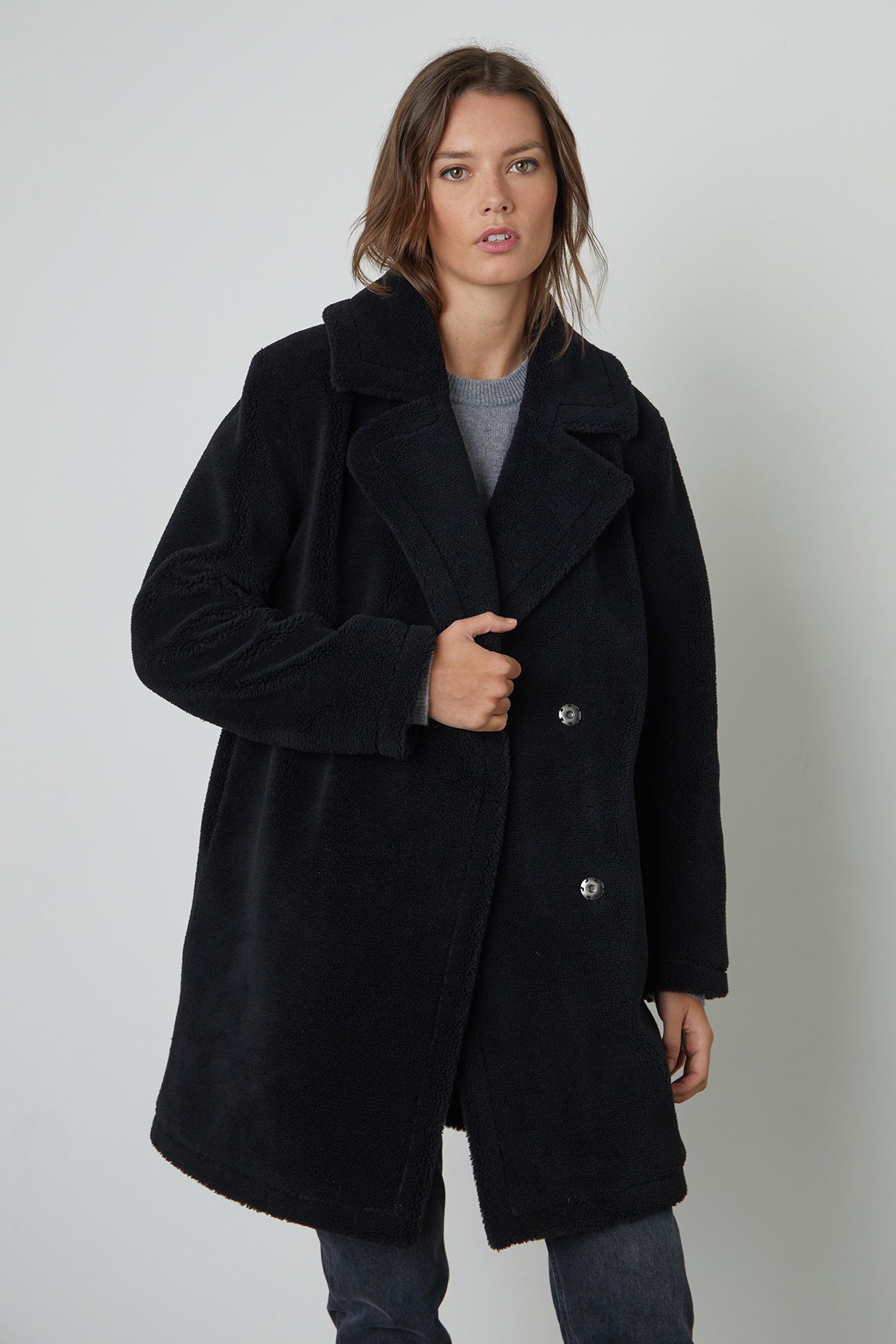 Christine Faux Sherpa Coat in Black front-25062152437953