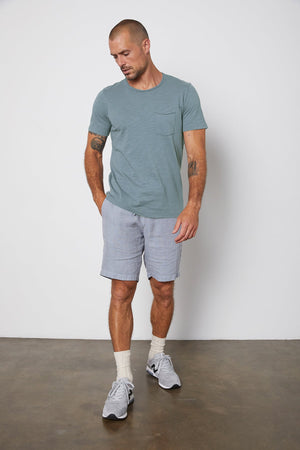 Chad Raw Edge Cotton Slub Pocket Tee in Chambray Blue with Jonathan Shorts
