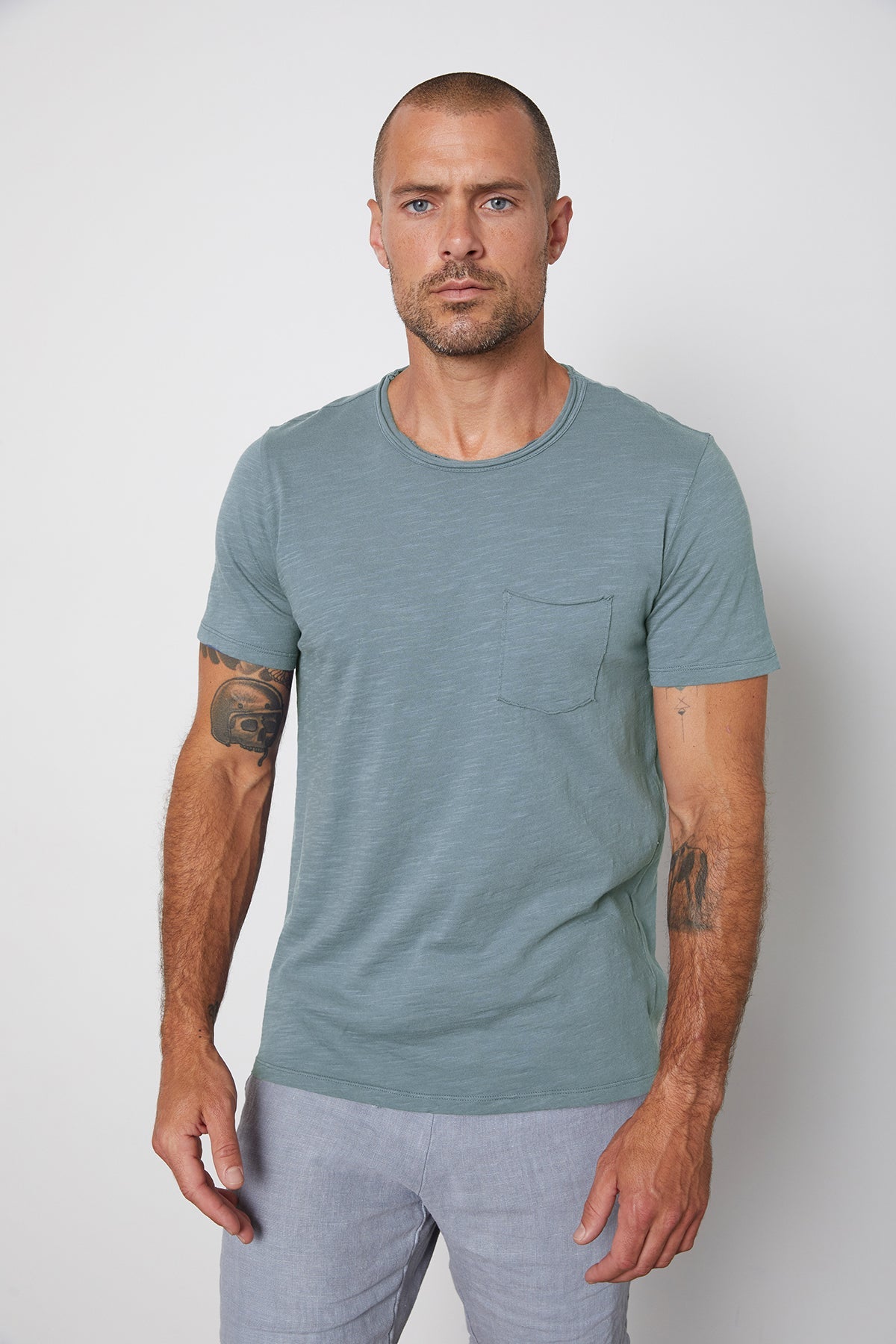 Chad Raw Edge Cotton Slub Pocket Tee in Chambray Blue Front with Jonathan Shorts-25792954138817