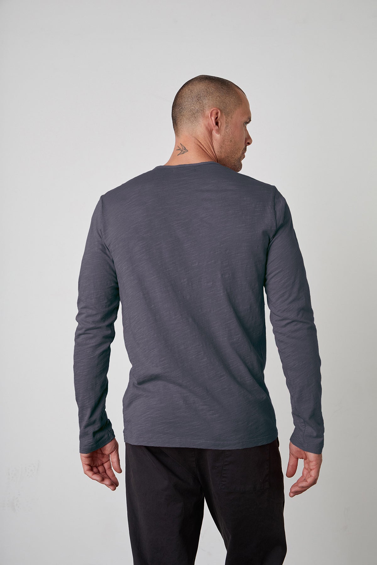 Simeon Raw Edge Cotton Slub Long Sleeve Tee in Asteroid Back