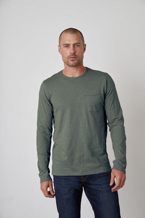 Simeon Raw Edge Cotton Slub Long Sleeve Tee in Cypress