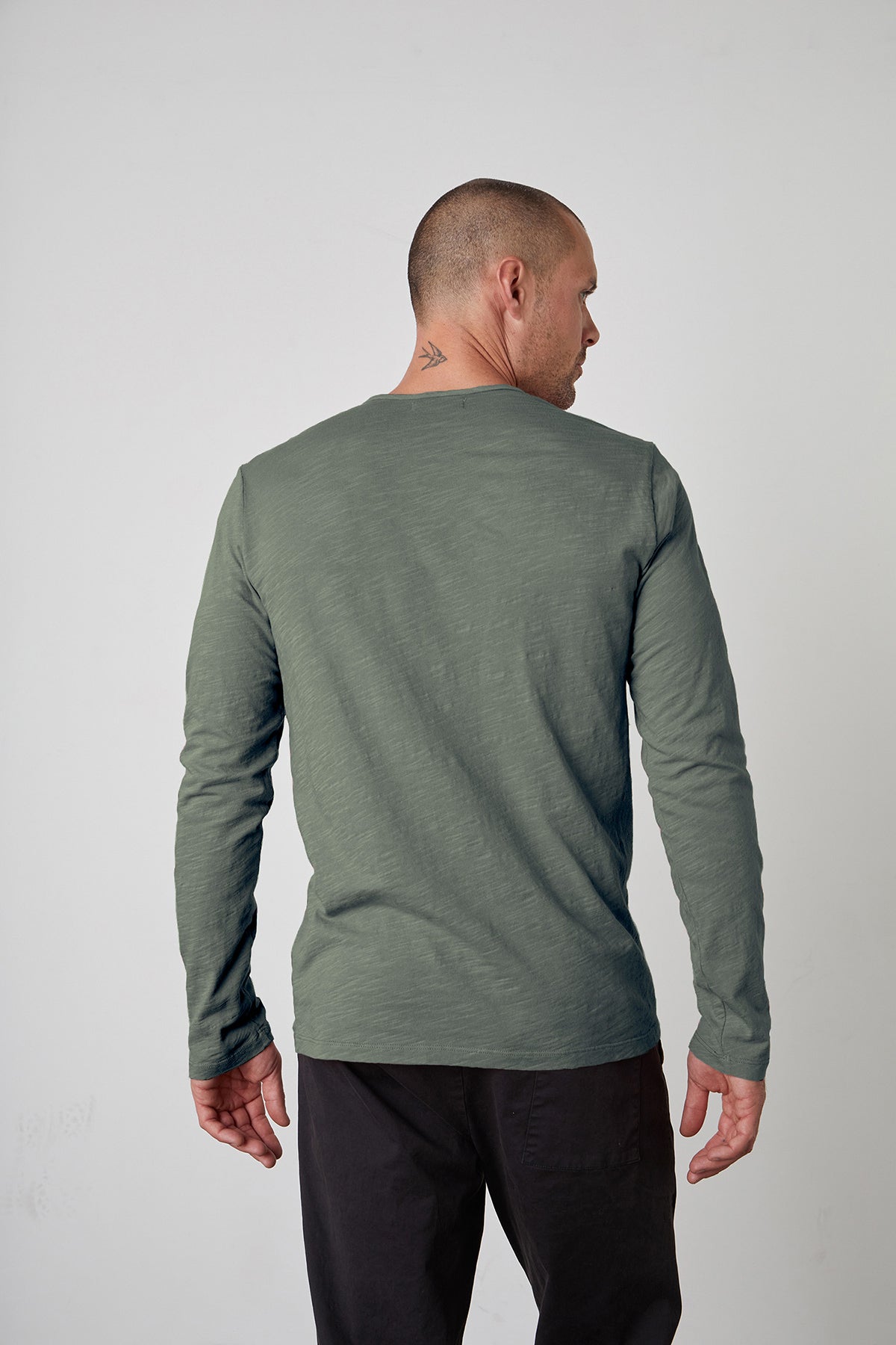 Simeon Raw Edge Cotton Slub Long Sleeve Tee in Cypress Back