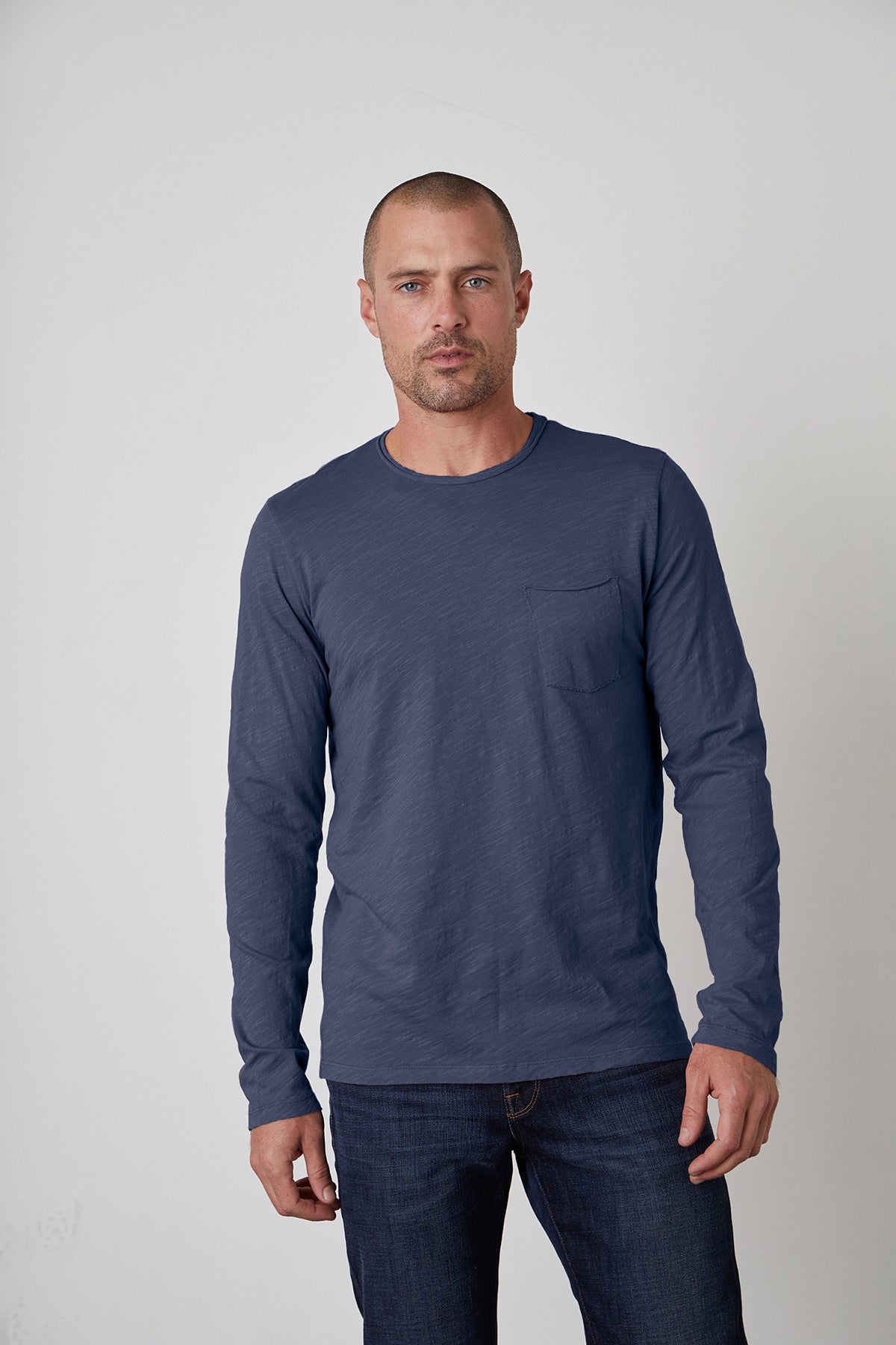 Simeon Raw Edge Cotton Slub Long Sleeve Tee in Regatta
