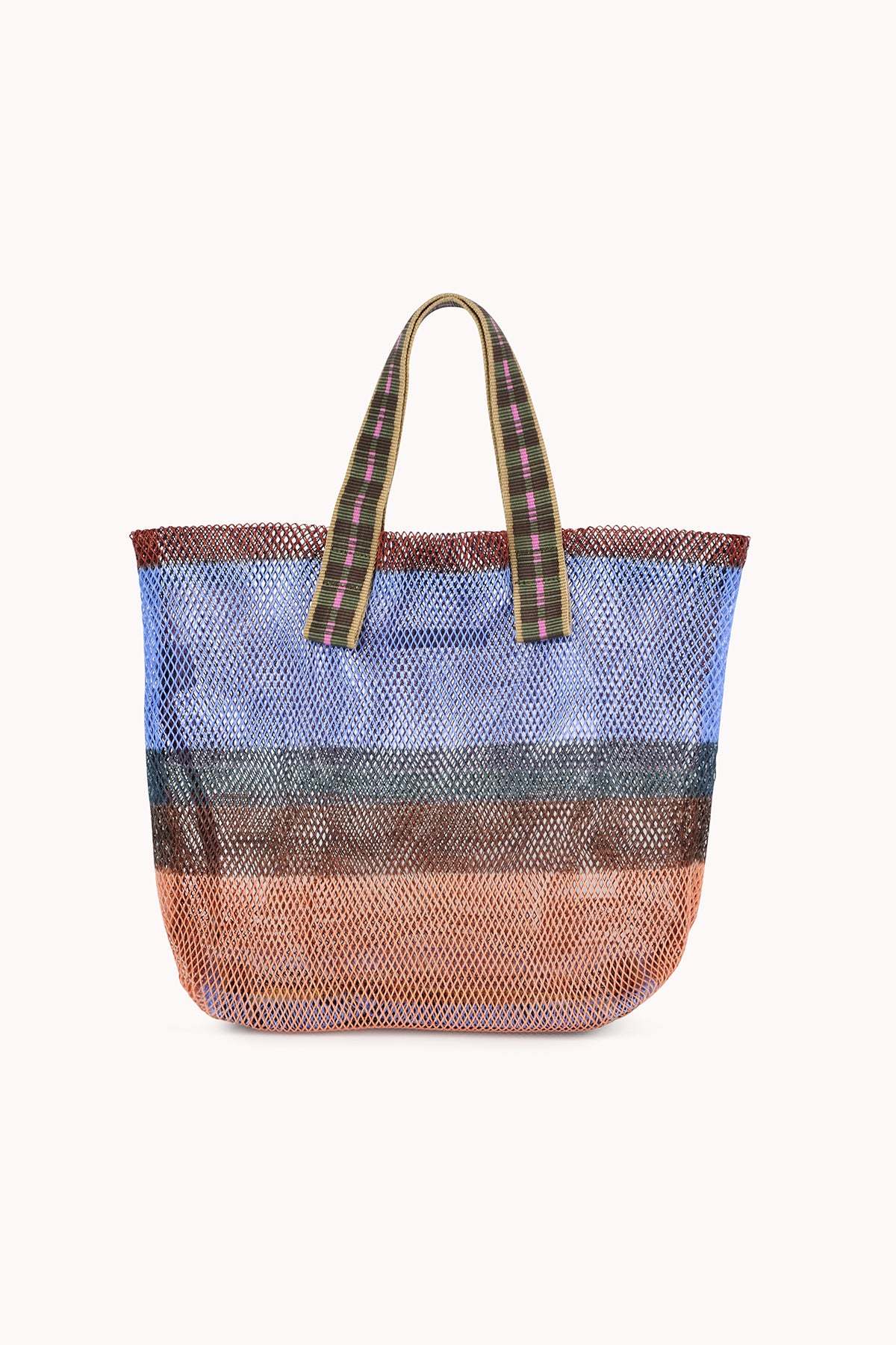 The SMALL STRIPED MESH TOTE BY EPICE from Epice is a compact mesh bag made of natural fibers, with horizontal colored stripes and two short plaid handles, shown against a plain light background.-24508108734657