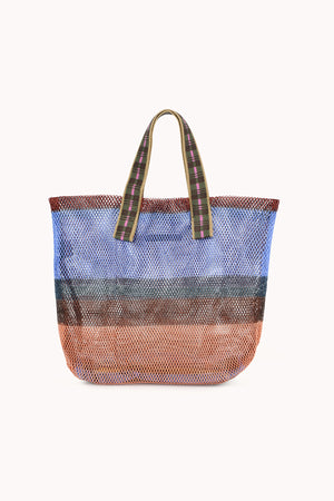 The SMALL STRIPED MESH TOTE BY EPICE from Epice is a compact mesh bag made of natural fibers, with horizontal colored stripes and two short plaid handles, shown against a plain light background.