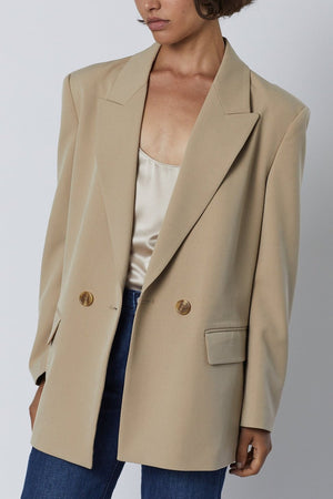 Fairfax Blazer in khaki with Nolita Tank in oyster, blue denim front