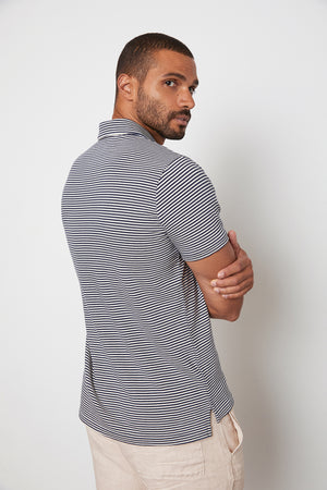 William Striped Polo with Navy Stripes and Jonathan Shorts in Tea Side & Back