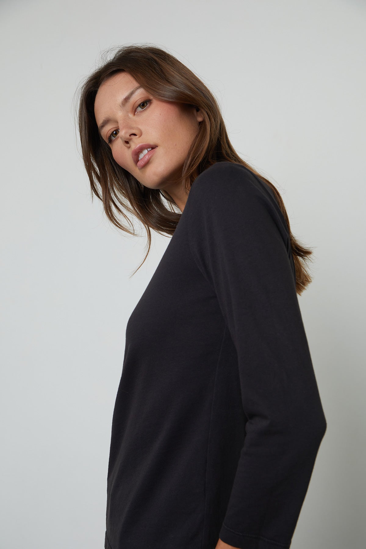 Quinny 3/4 Sleeve Mock Neck Tee in black side close up