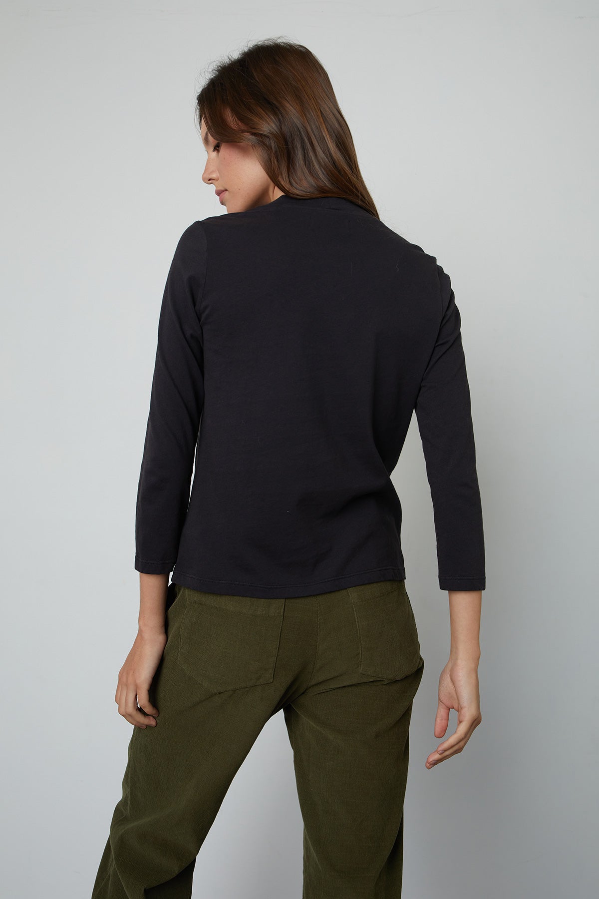 Quinny 3/4 Sleeve Mock Neck Tee in black with Vera Pant in Aloe  back view