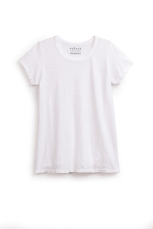Plain white short-sleeved T-shirt with a California classic crew neck tee on a white background. The label reads