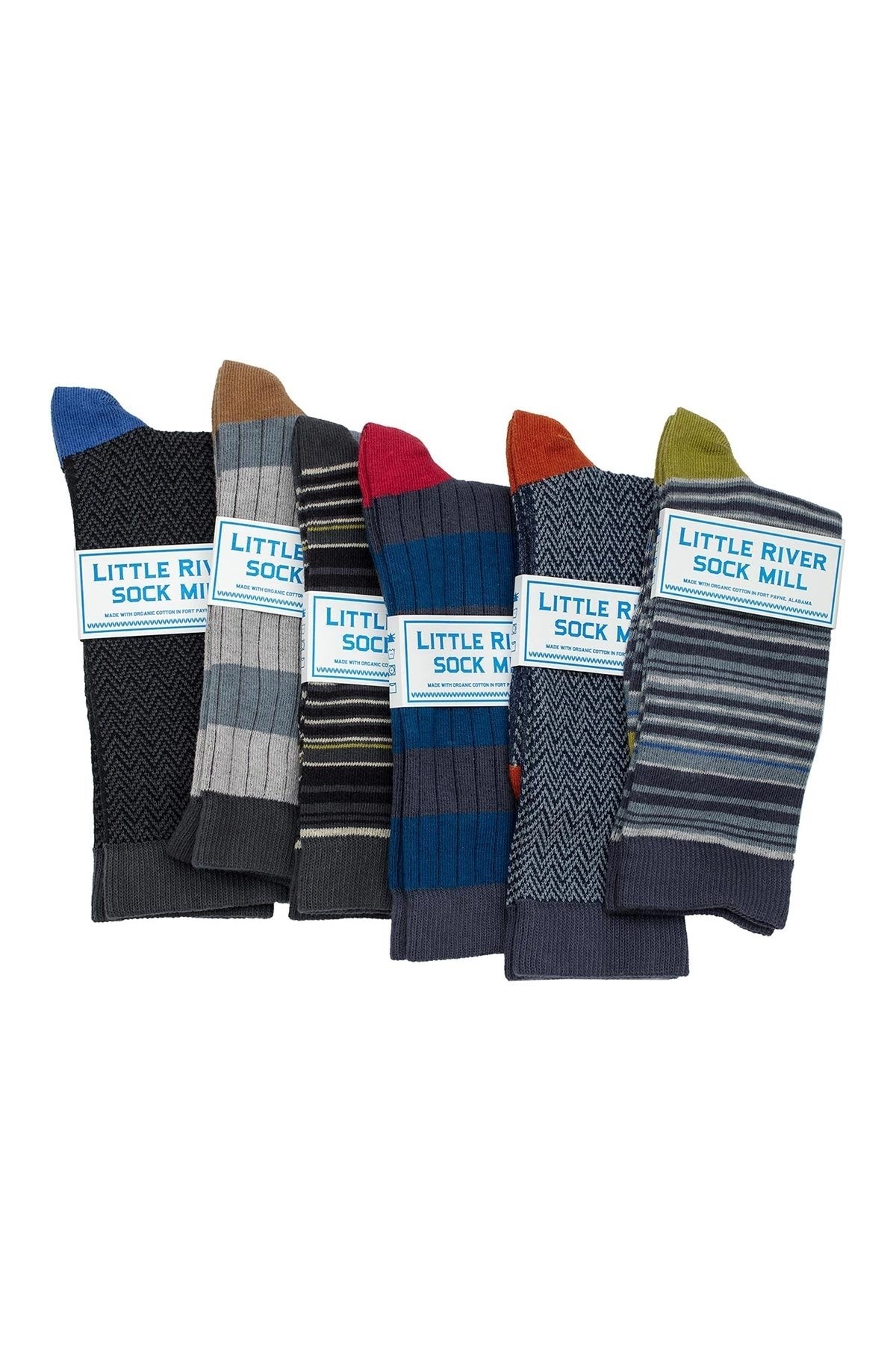 Six pairs of Little River’s Textured Herringbone Crew Socks are displayed side by side on a white background, highlighting their organic cotton fabric, signature herringbone pattern, and eco-friendly craftsmanship.-668406054993