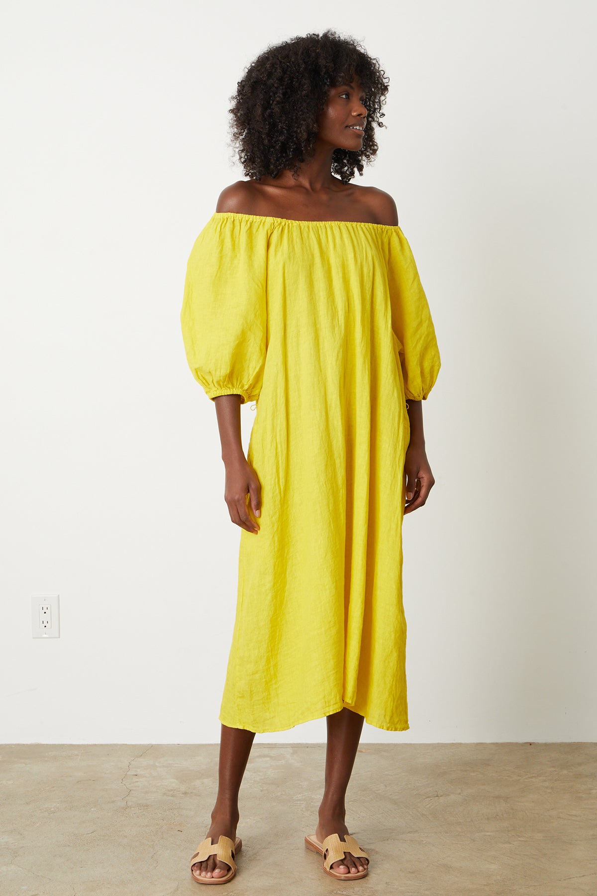 Elly Midi Dress in bright yellow sun colored linen unbelted full length front off shoulders