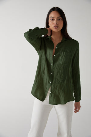 Mulholland Button Up Linen Shirt in Dark Green Dillweed Front