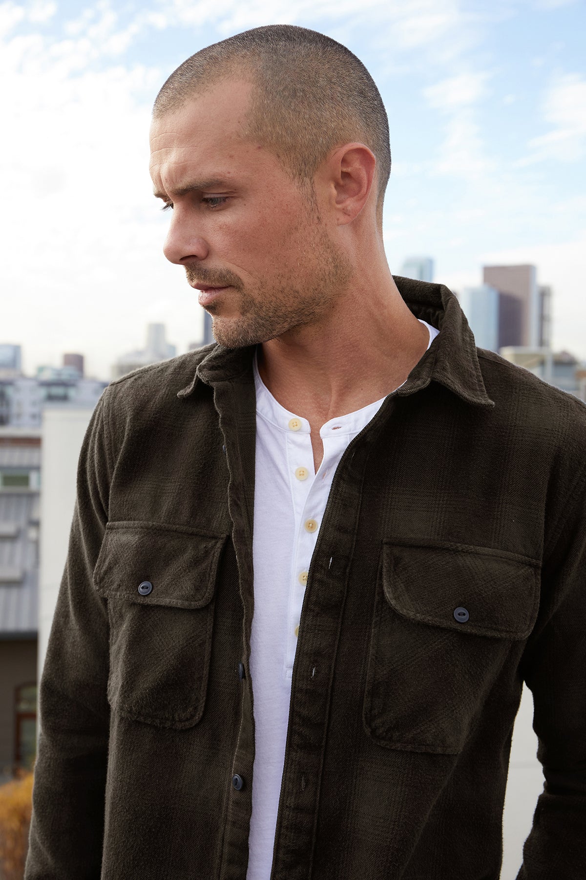 Bryson Button-Up Olive Alvaro Tee Front Detail-25612186419393