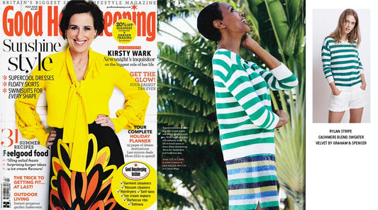 Good Housekeeping July 2018 feature with a model in a green-and-white striped sweater and Ryan stripe cashmere blend sweater