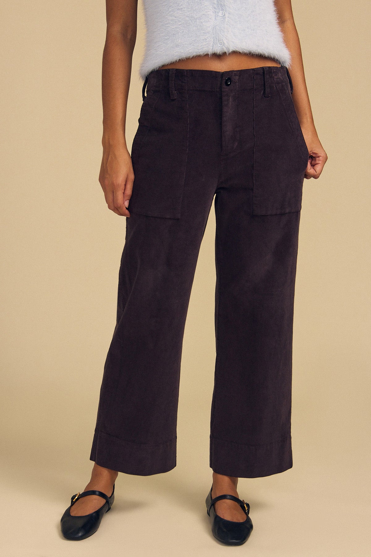 Dark brown VERA CORDUROY PANT wide-leg trousers featuring a high rise and front patch pockets.-46489776390337