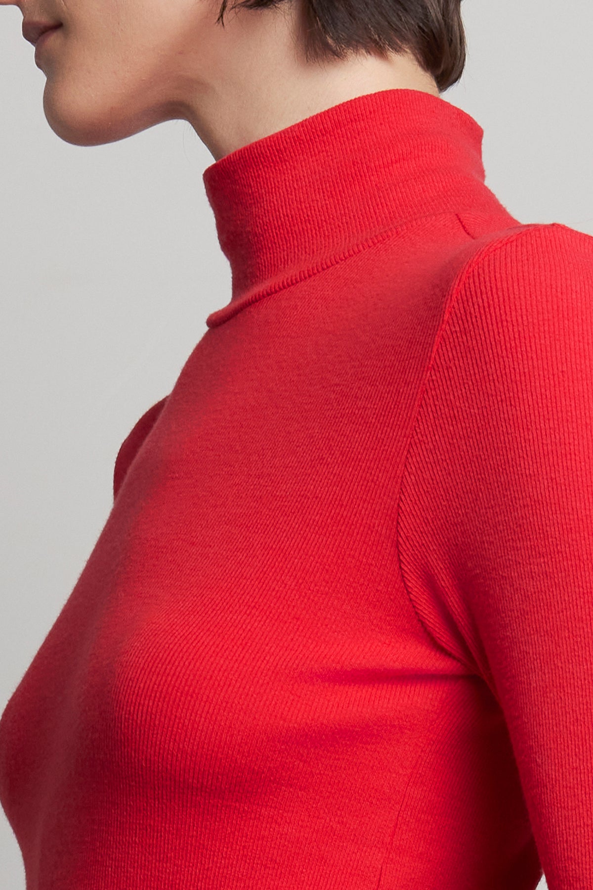 A person wearing a HELMS TEE in red by Velvet by Jenny Graham, featuring a mock neck and ribbed texture, stands against a neutral background.-38318597079233