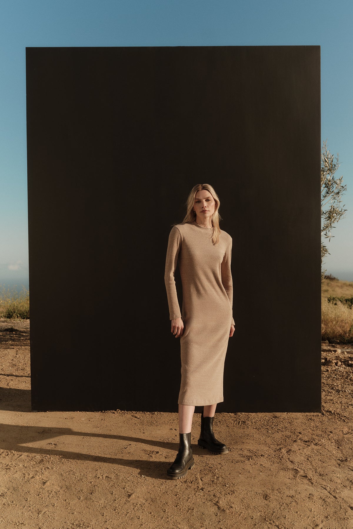  A woman in a Velvet by Graham & Spencer BRAY BRUSHED RIB DRESS standing in front of a black box. 