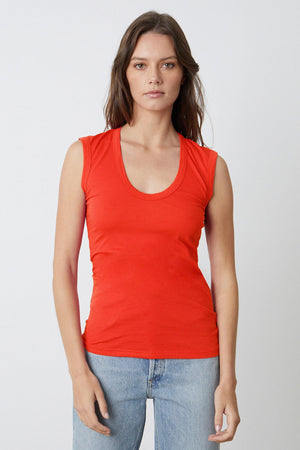 Estina Fitted Tank Top in bright cardinal red gauzy whisper with light blue denim front