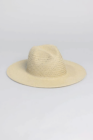 The LUXE VENTED PACKABLE HAT by Velvet by Graham & Spencer is a beige Panama-style hat made from natural paper straw with a textured woven pattern, shown against a plain light gray background.