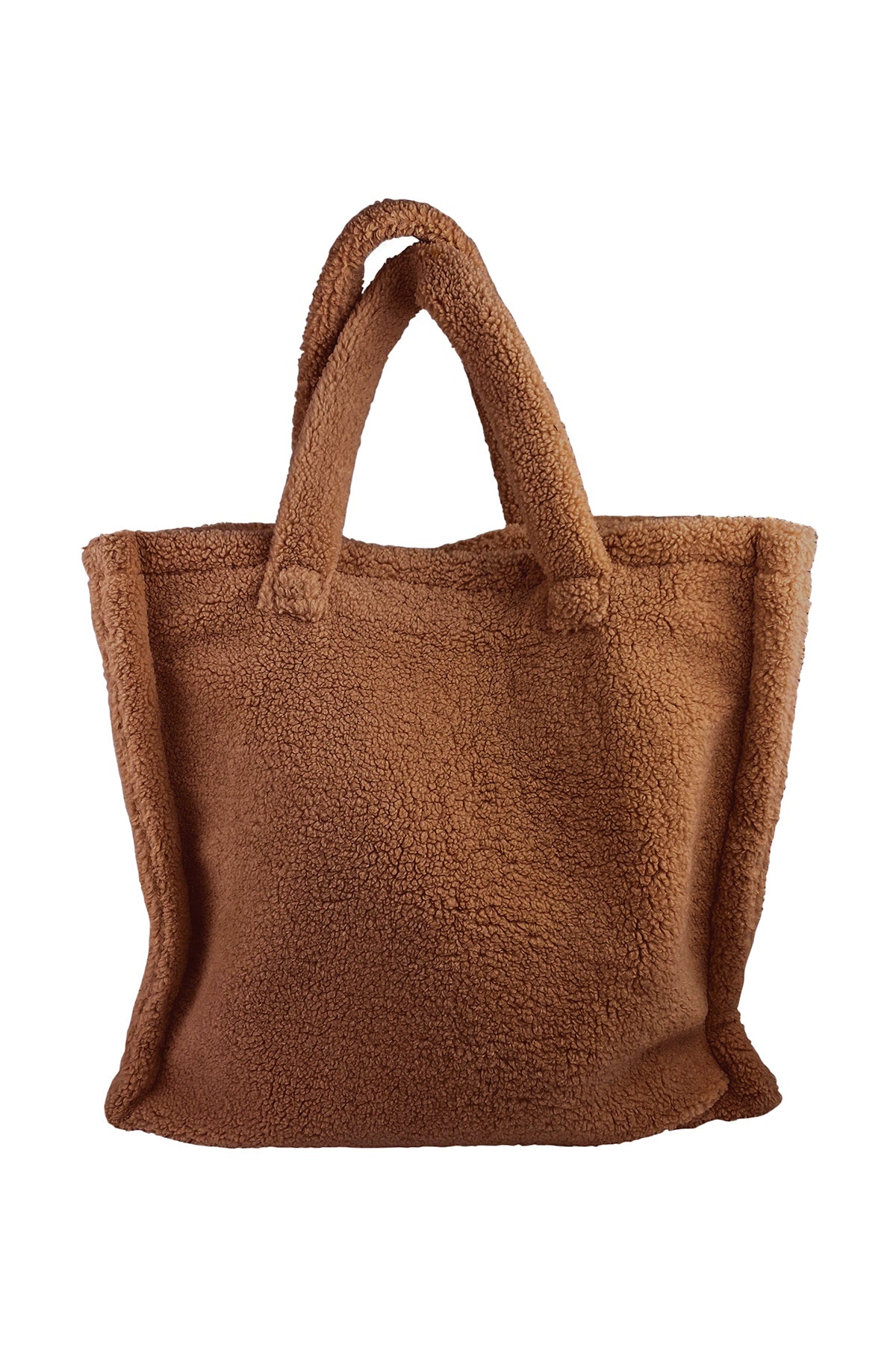A LARGE TEDDY TOTE by Velvet by Graham & Spencer on a white background, made with faux shearling material.-26897930682561