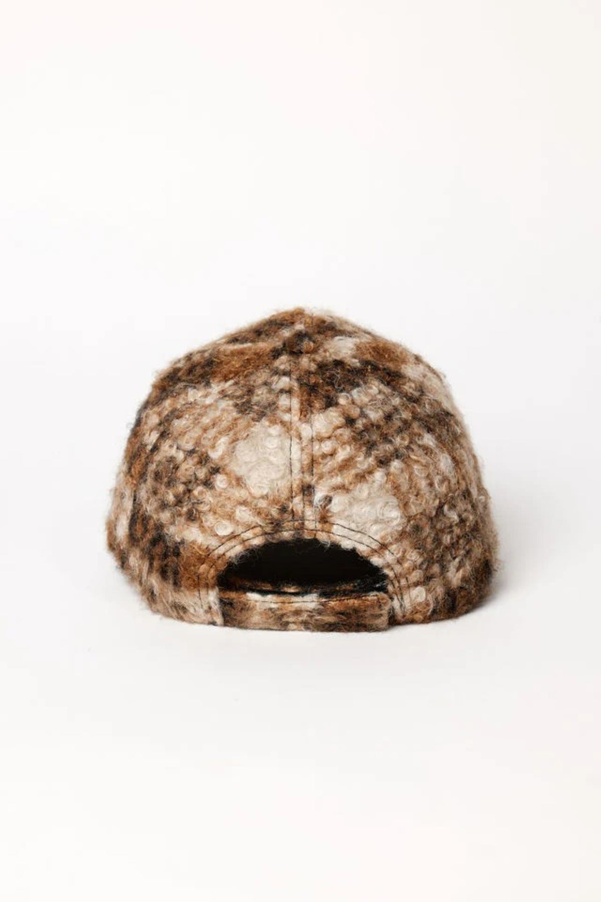The SHERPA CAP by Velvet by Graham & Spencer is a plaid wool baseball cap in brown, beige, and white, shown from the back with a curved brim and adjustable opening—ideal for cold-weather style.-40100099227841