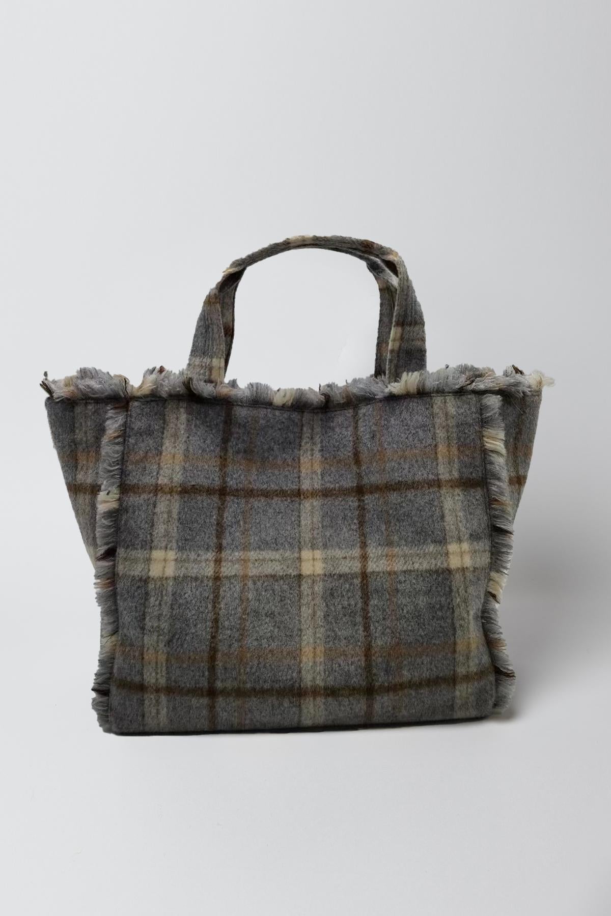 Frayed Flannel Tote in grey plaid-26749490069697