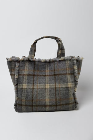 Frayed Flannel Tote in grey plaid