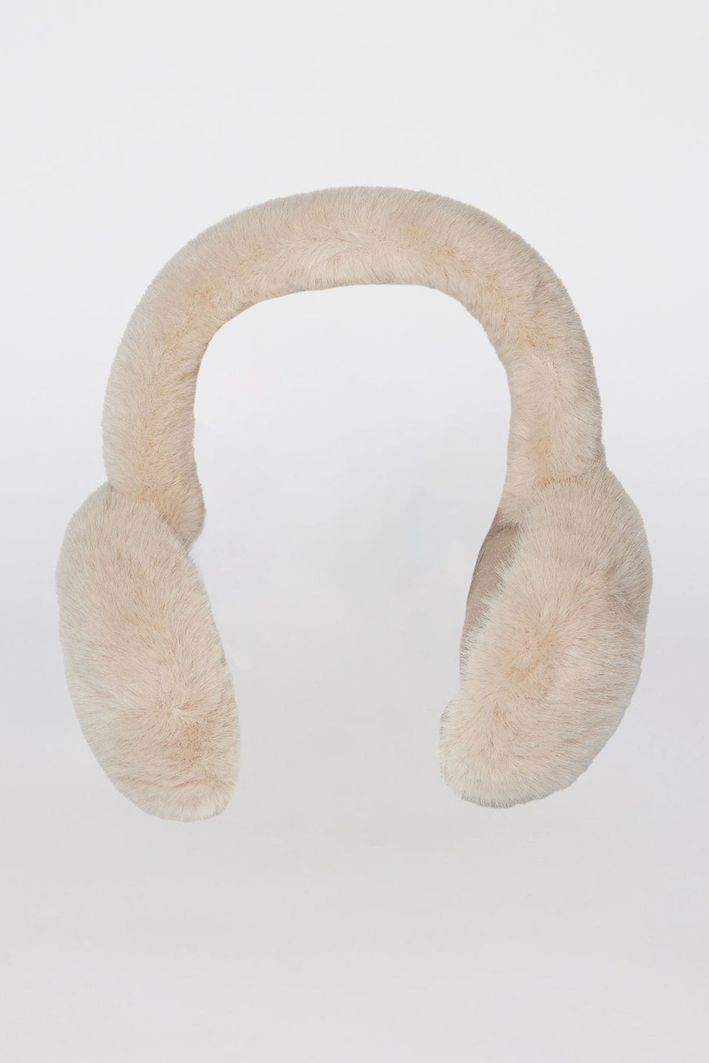 A pair of FAUX FUR EARMUFFS by Velvet by Graham & Spencer, featuring a simple design in beige fluffy material, displayed against a plain white background.-37918125195457