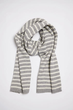 The BOLTON STRIPE SCARF by Velvet by Graham & Spencer, featuring gray and white stripes, is neatly folded and laid flat against a plain white background.