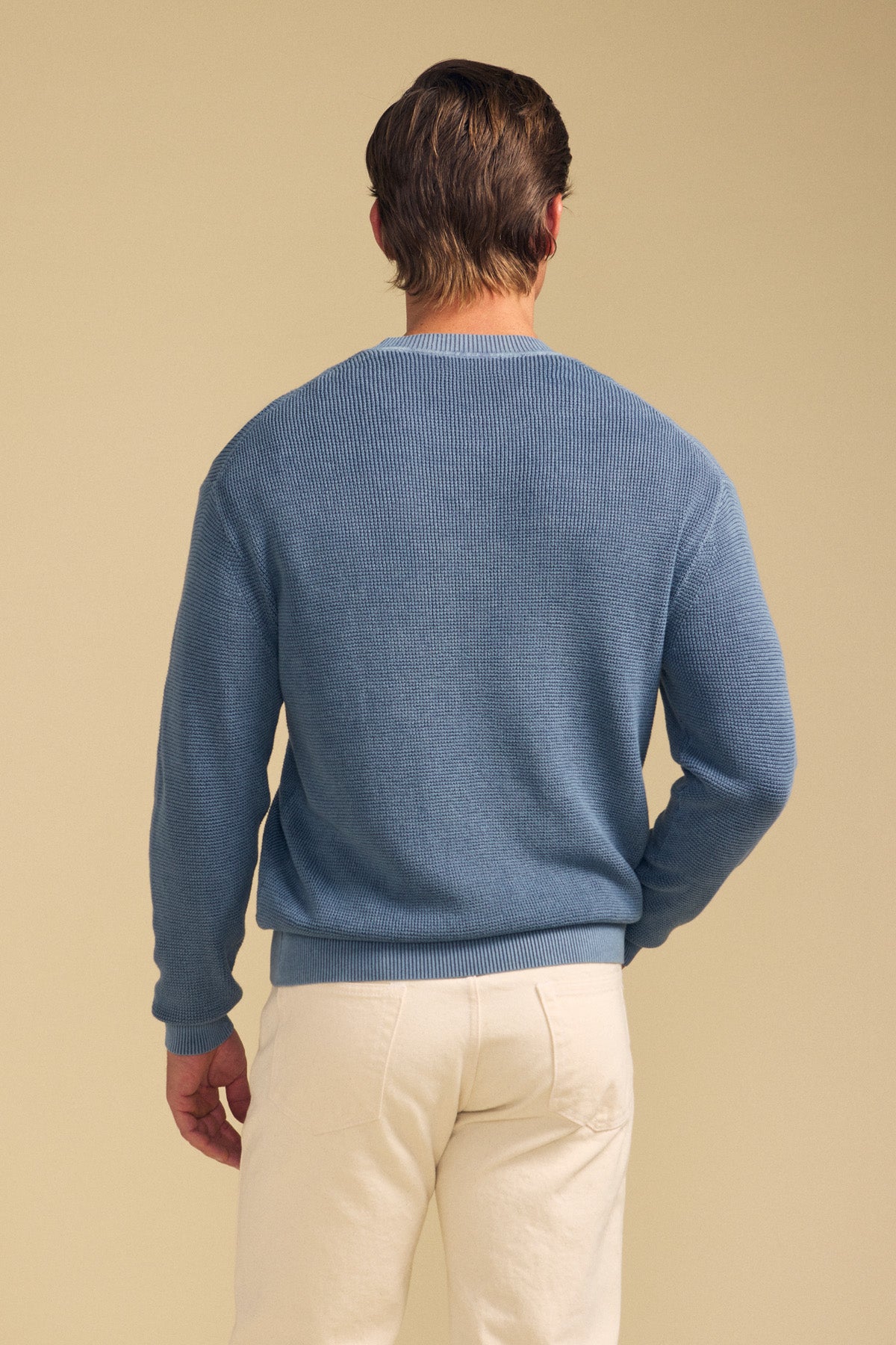 A man stands facing away from the camera, wearing the PHINN SWEATER by Velvet by Graham & Spencer and light-colored pants against a beige background.