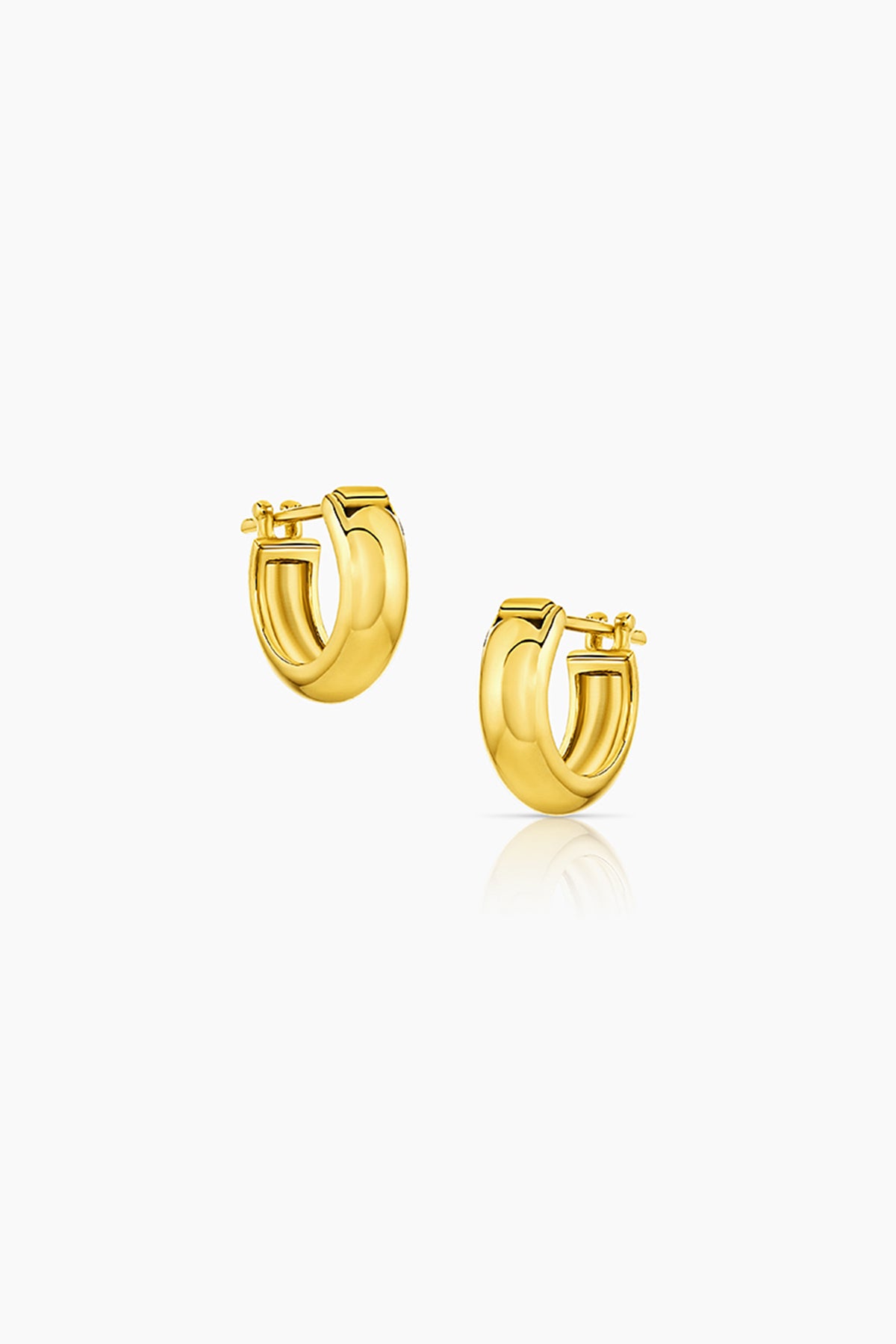   A pair of Thatch yellow gold hoop earrings named VINCE HUGGIE HOOPS. 