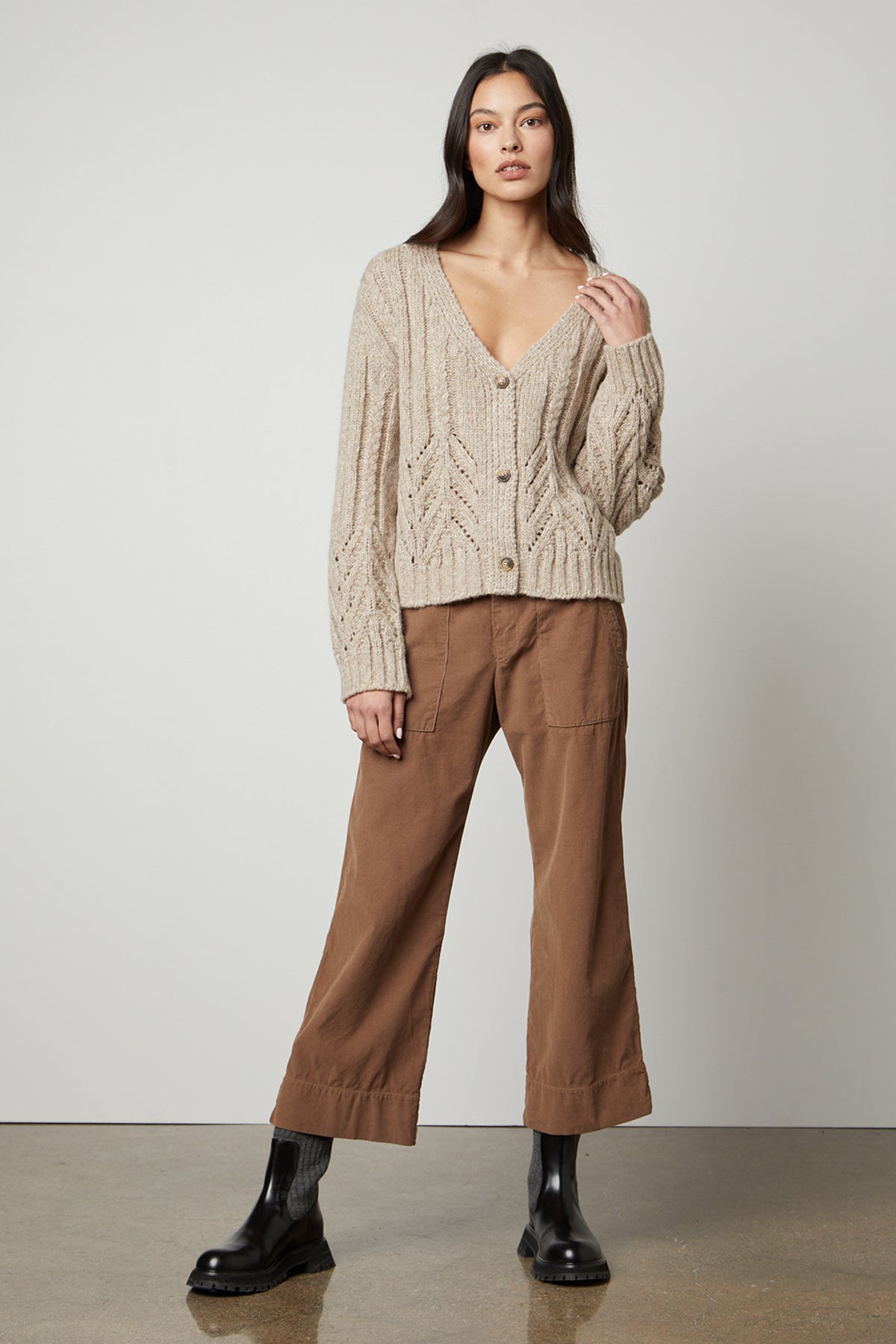   Keywords: beige sweater, Velvet by Graham & Spencer khaki pants. 