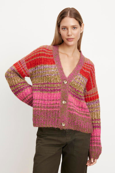 Eloges Women's Multi Stripe Knit Cardigan - Soft Open Front With Suede Elbow Patches (Sizes S-3X)